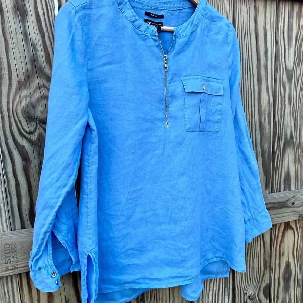 Jones New York linen Shirt Top Silver Zipper Front Sz. Medium - Picture 8 of 10
